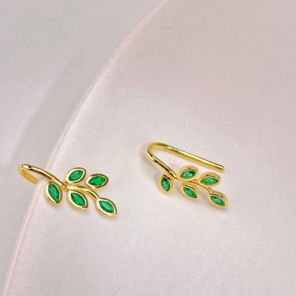 Emerald Green Leaves Crystal Ear Climber Earrings 18K Gold S925